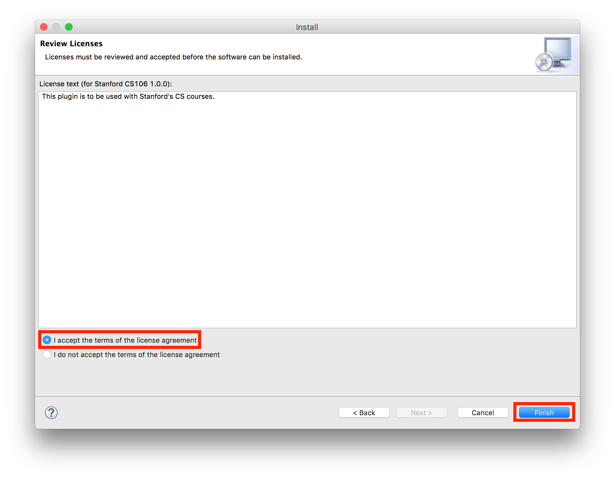 Eclipse License Agreement dialog