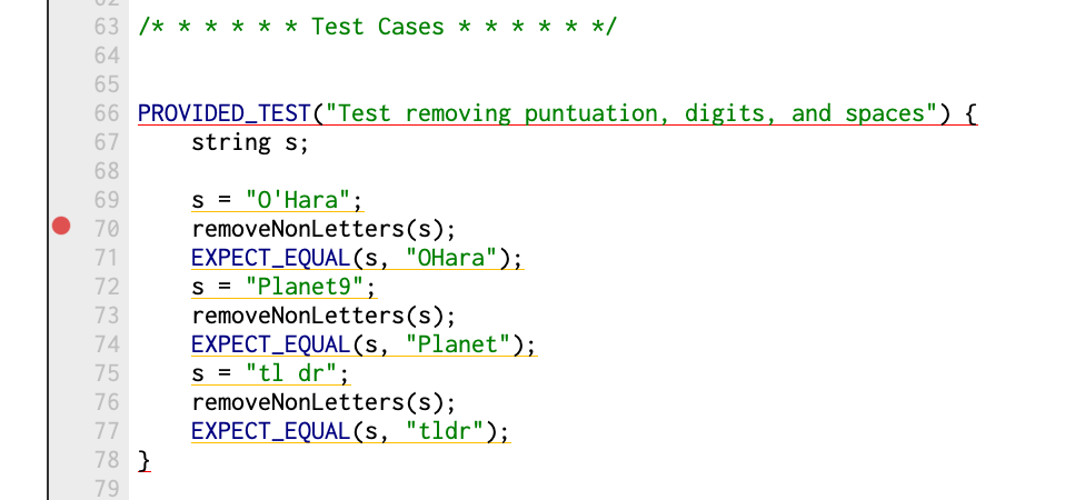 breakpoint on line that has call to removeNonLetters