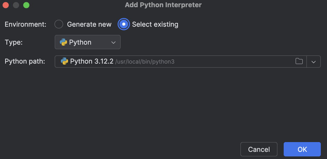 Radio button checked on Select Existing with Python selected below
