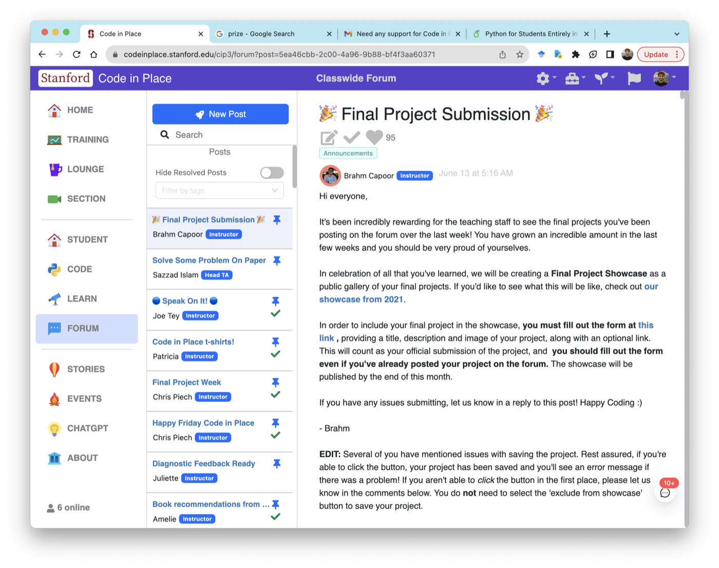 The classwide forum, with pinned instructor posts and a threaded discussion