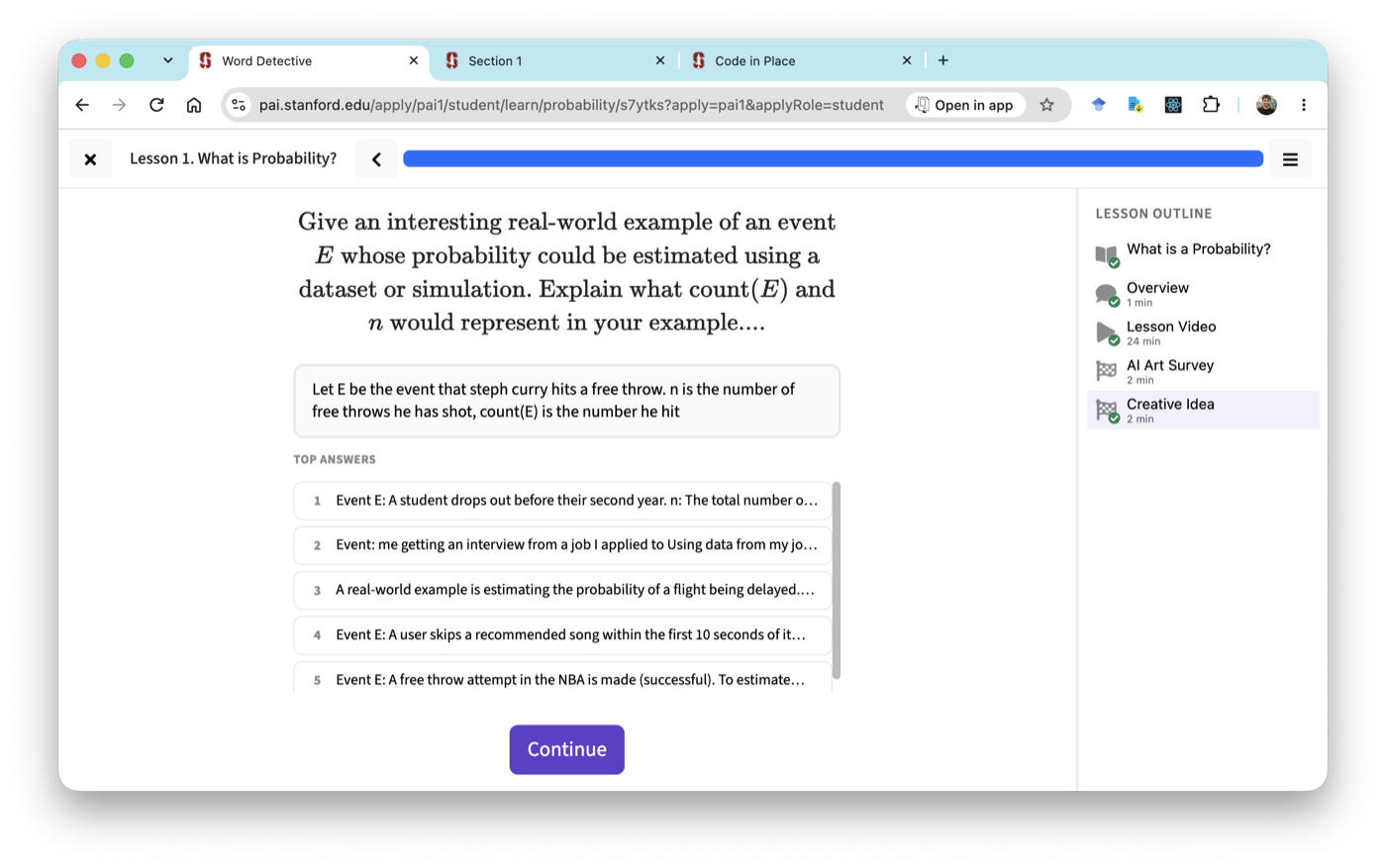 A PAI lesson page: a free-response probability question, the learner's answer, and a list of top answers from other students