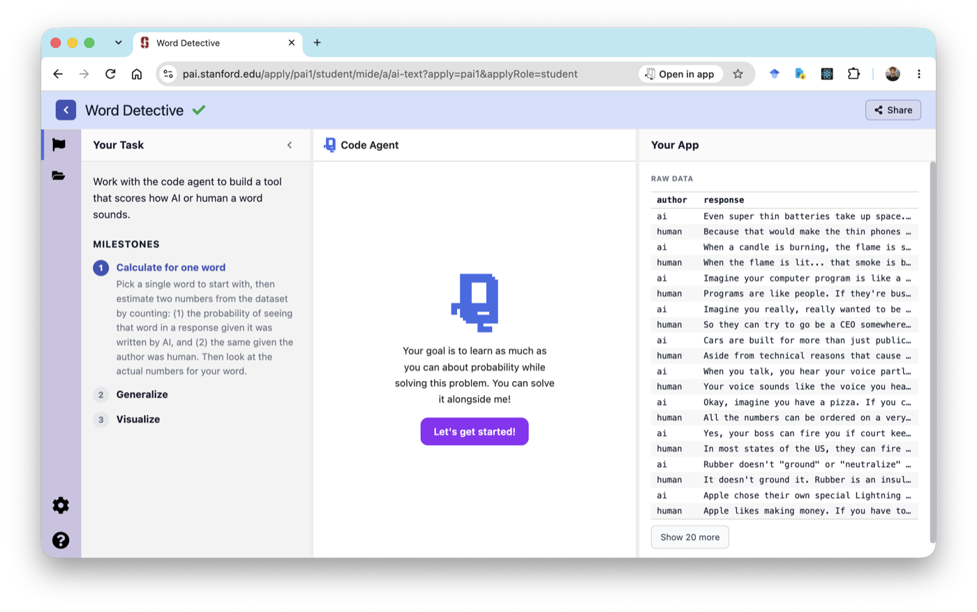 The Word Detective project: a task pane with milestones, a code agent pane, and a live data pane