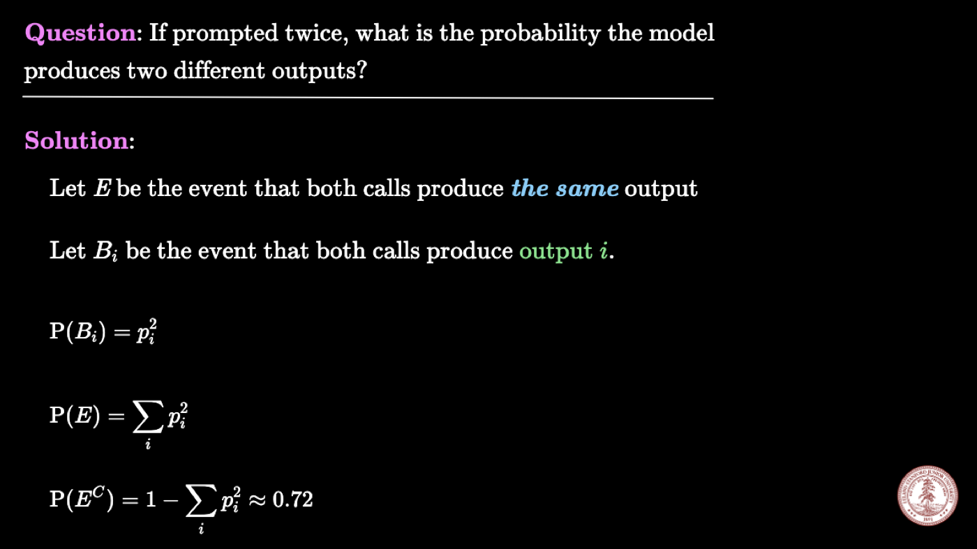 A worked probability solution defining events E and B_i and deriving P(E^C) = 1 - sum p_i^2