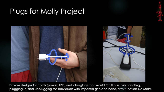 Plugs for Molly Project - Explore designs for cords (power, USB, and charging) that would facilitate their handling, plugging-in, and unplugging for individuals with impaired grip and hand/arm function like Molly.