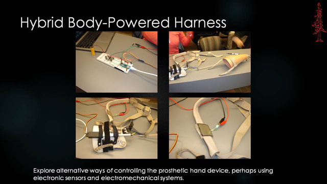 Hybrid Body-Powered Harness - Explore alternative ways of controlling the prosthetic hand device, perhaps using electronic sensors and electromechanical systems.