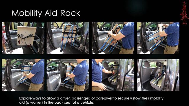 Mobility Aid Rack - Explore ways to allow a driver, passenger, or caregiver to securely stow their mobility aid (a walker) in the back seat of a vehicle.