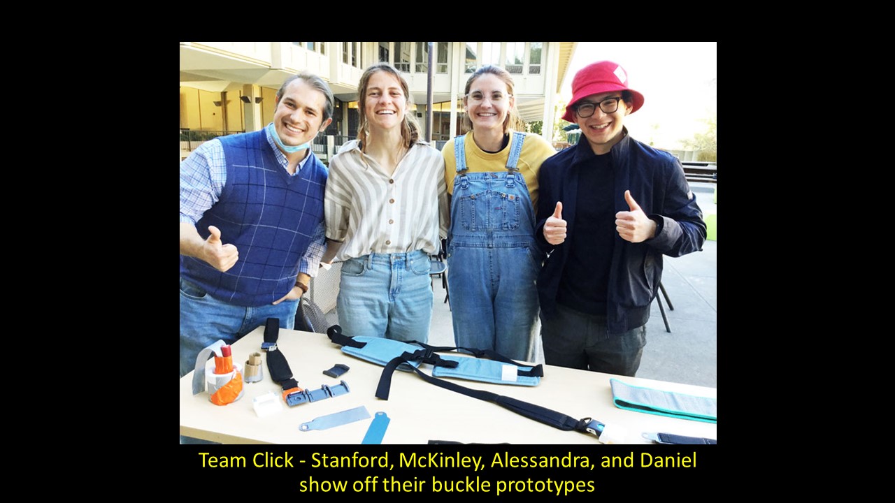 Team Click - Stanford, McKinley, Alessandra, and Daniel show off their buckle prototypes