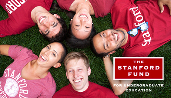 Group of six Stanford undergraduate students next to The Stanford Fund Logo