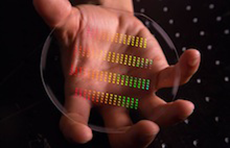 Array of nanoscale accelerator chips before being cut and assumbled into final form..