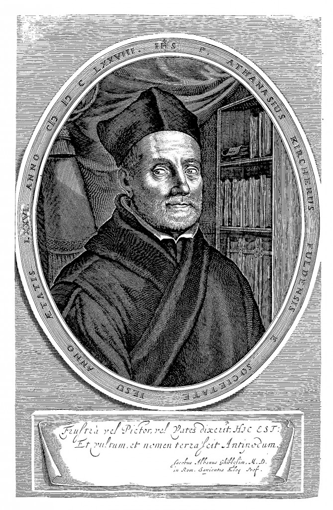 Portrait of Kircher at the age of 76 from Giorgio de Sepibus, Romani Collegii Musaeum Celeberrimum, p. 1