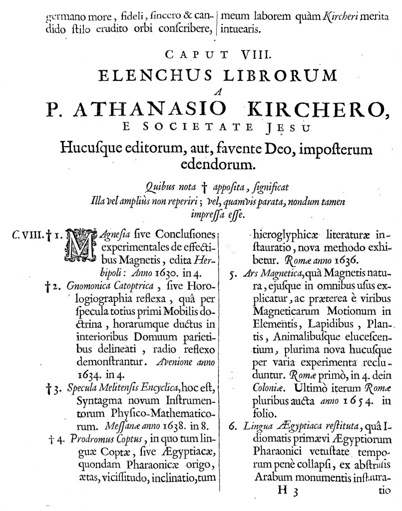 List of Kircher's publications, from Giorgio de Sepibus, Romani Collegii Musaeum Celeberrimum, p. 61