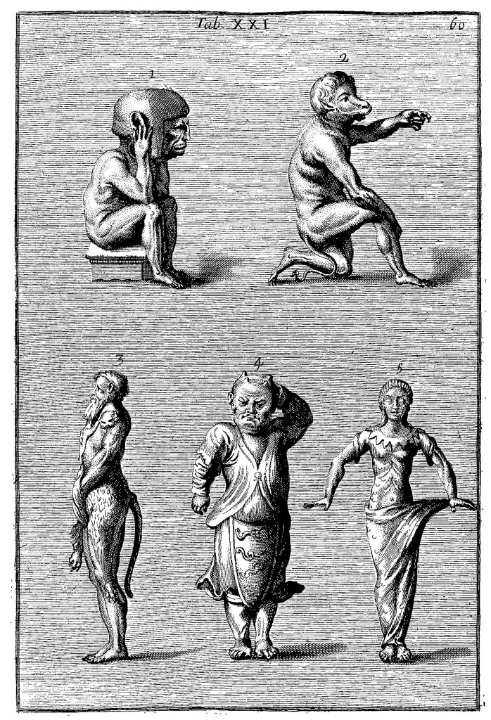 Idols from the "Indies", in the restored museum of the Collegio Romano, from Filippo Bonanni, Musaeum Kircherianum, p. 60