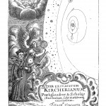 Frontispiece to Kircher's Iter Exstaticum depicting Kircher acoompanied by the angel Cosmiel on a journey through the cosmos.