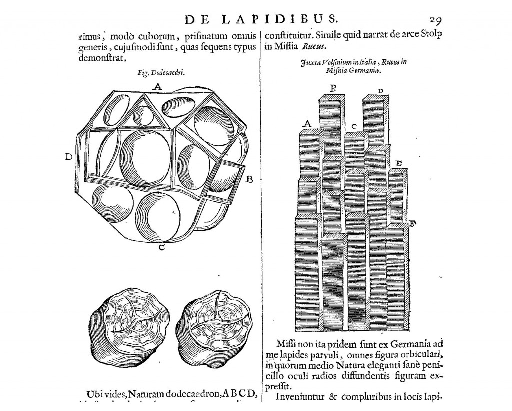 Geometrical mineral formations from Mundus Subterraneus (1665 edn.) vol. 2, pp. 28-9