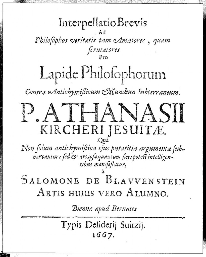 Title page of Salomon de Blauenstein, Interpellatio Brevis ... Pro Lapide Philosophorum Contra Antichymisticum Mundum Subterraneum (1667)