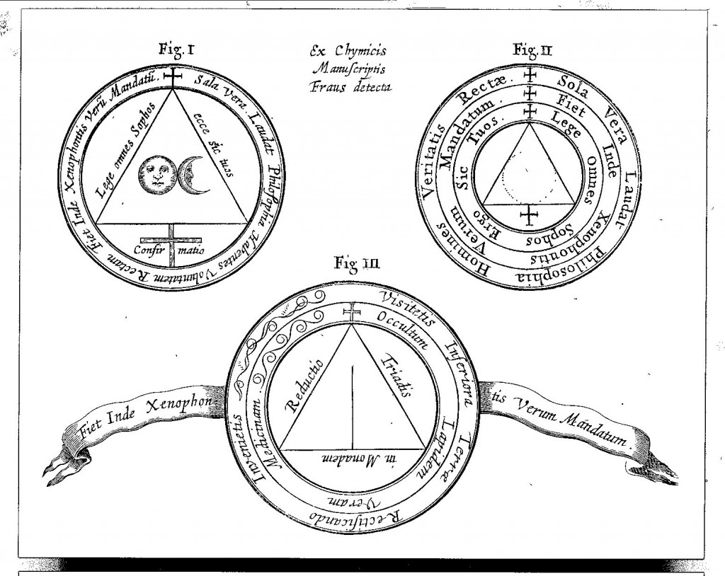 Diagrams taken from books by "false alchemists", from Mundus Subterraneus (1665 edn.) vol. 2, p. 293