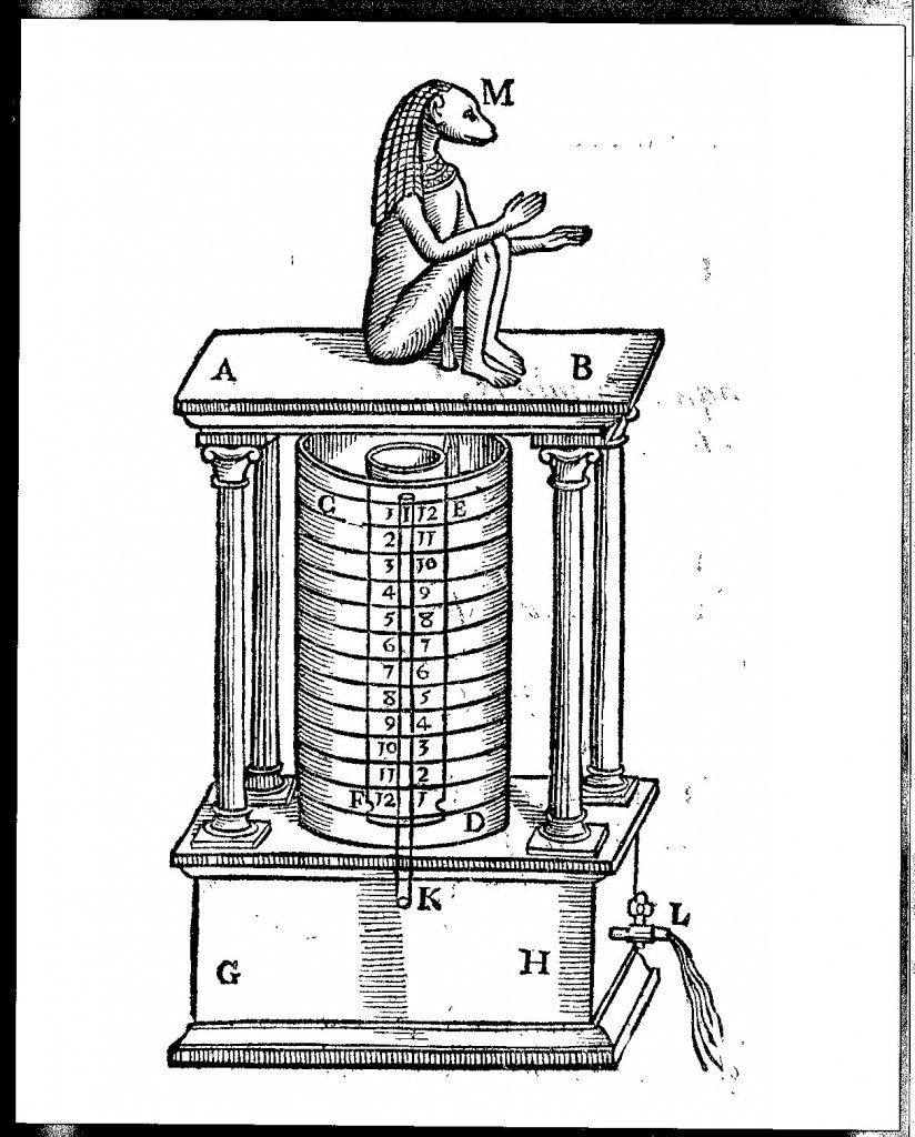 Dog-headed Egyptian water clock, from Oedipus Aegyptiacus, Tom.2, vol. 2, p. 340