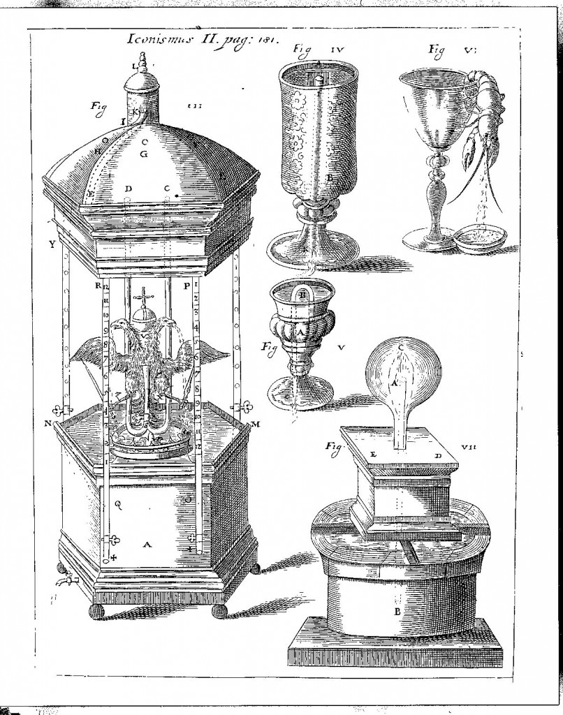 The two-headed imperial eagle, vomiting copiously from the depths of its gullets, and other vomiting machines, displayed in Kircher's museum, from Kaspar Schott, Mechanica Hydraulico-Pneumatica, p. 181