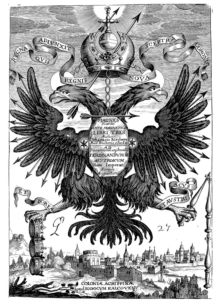 A magnetic Habsburg eagle. The Latin inscription around the eagle's feet "Et Boreae et Austri-acus" is a play on words on words linking the compass needle ("the needle of both North and South" to the house of Austria ("Austri-acus"). From Magnes (1643 edn.), frontispiece.