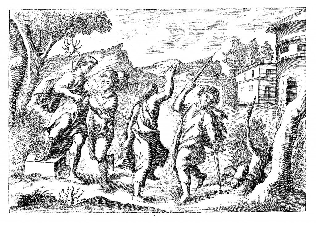 The tarantella, with dancing tarantulas, from Neue Hall und Thom-Kunst, p. 145.
