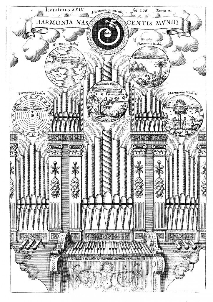 The harmony of the birth of the world, represented by a cosmic organ with six registers, corresponding to the six days of creation, from Musurgia universalis , vol.2, p. 366.