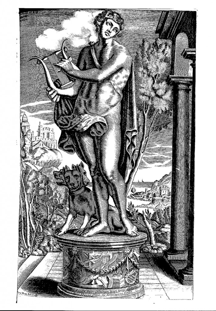 Orpheus tuning his lyre, with the subdued Cerberus at his feet, from Musurgia universalis, book 3, frontispiece.