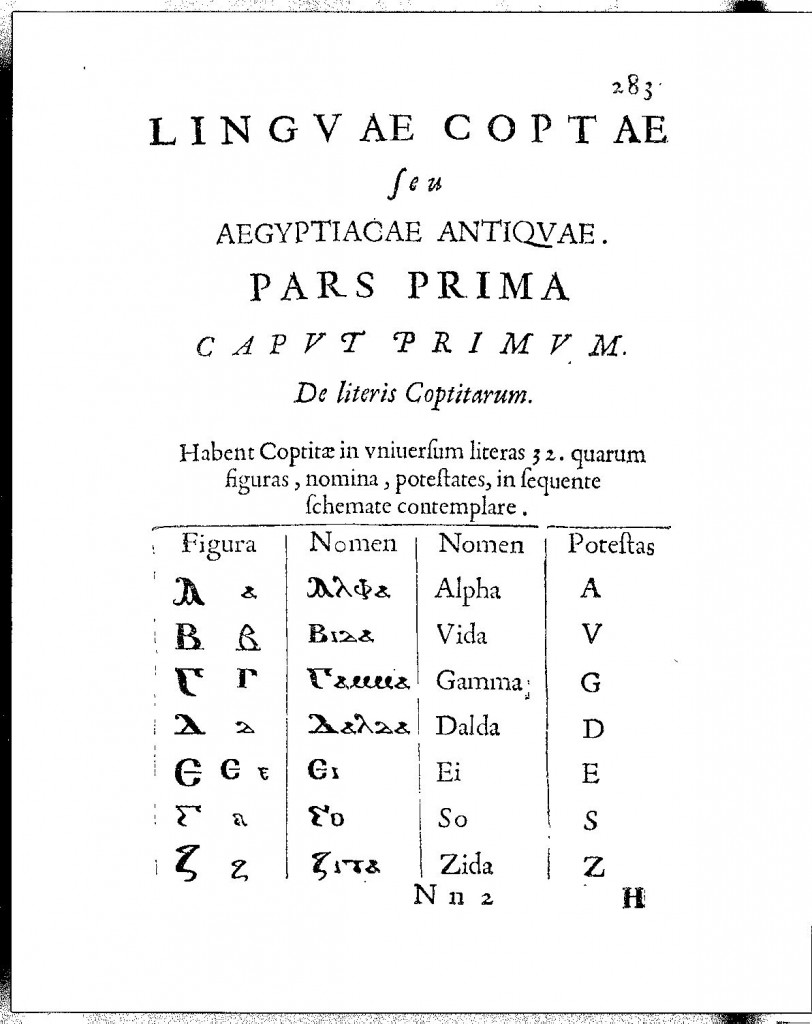 The Coptic alphabet from Prodromus Coptus, p. 283.