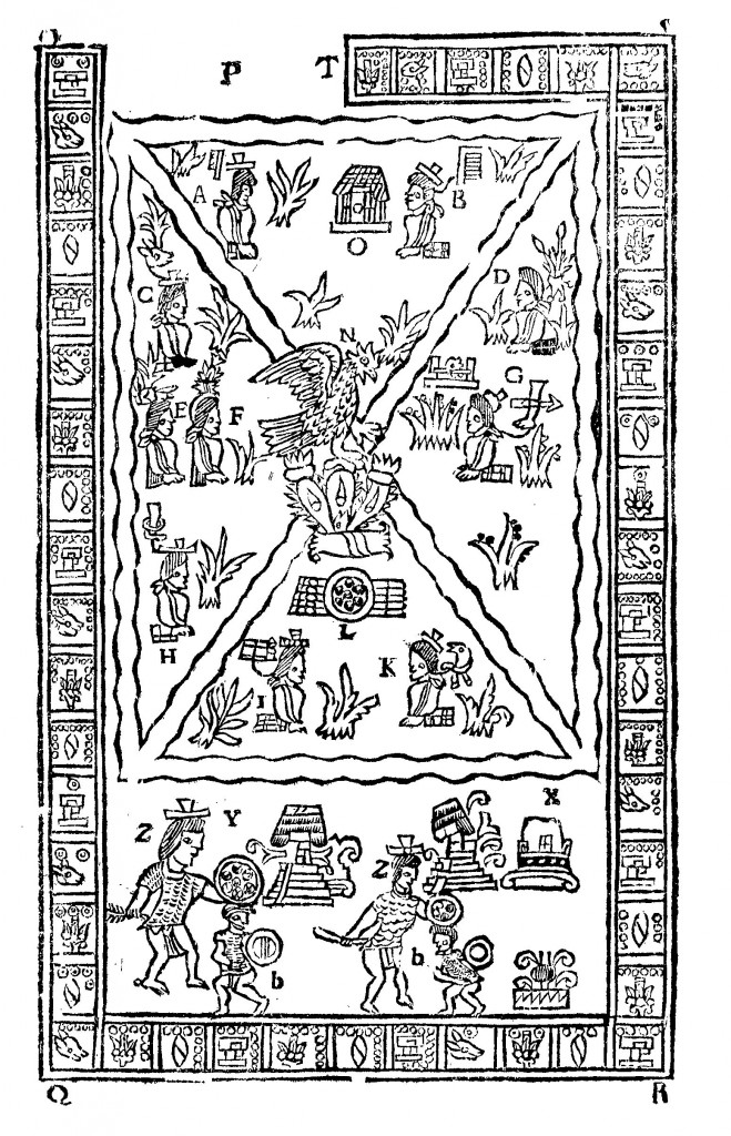 Image from an Aztec scripture depicting the mythical founding of Mexico City, from Oedipus Aegyptiacus, tom. 3, p. 32.