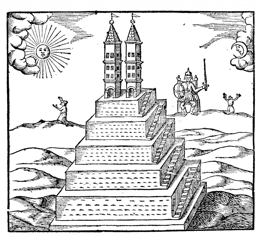 A Mexican temple with Indians worshiping the Sun and Moon, from Oedipus Aegyptiacus, tom. 1, p. 422.
