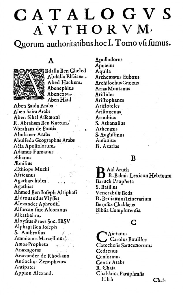 The first page of one of Kircher's lists of authorities, from Oedipus Aegyptiacus, tom. 1.
