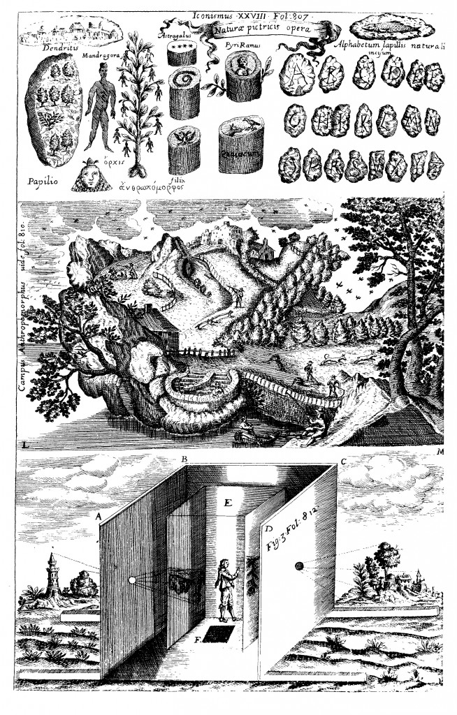 Nature as artist. Figures inscribed on stones, anthropomorphic landscape, and a portable camera obscura from Ars Magna Lucis et Umbrae (1646 ed.) p. 806