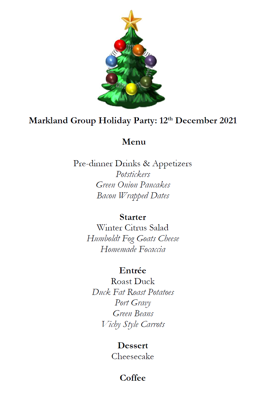 The Menu for the group holiday party