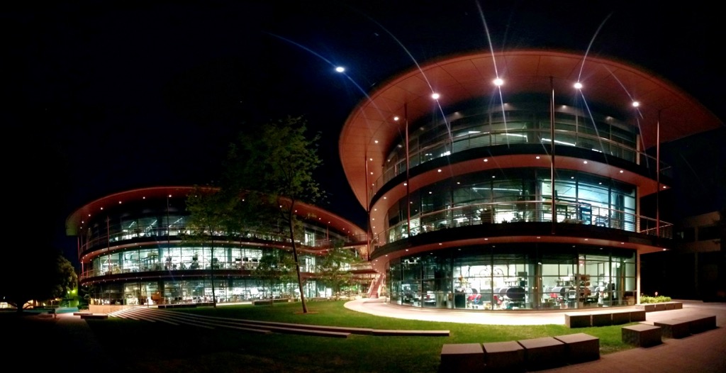 Stanford's Clark Center at night