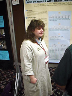 Joy Hammel at her poster: "Outcomes of Assistive Technology Services and Use by Adults with Developmental Disabilities"
