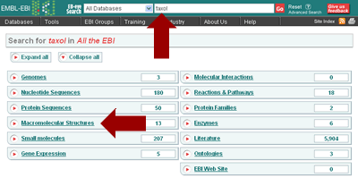 Example: enter taxol, then click Macromolecular Structures