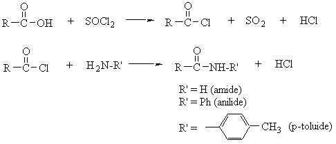 RCOOH + SOCl2 → RCOCl + SO2 + HCl, RCOCl + H2NRʹ → RCONHRʹ + HCl