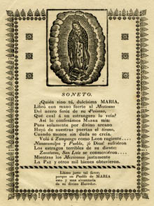 Image of the Lady of Guadalupe with lyrics of a sonet in her honor.
