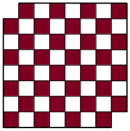 An 8 by 8 checkerboard with the opposite two corners removed.
