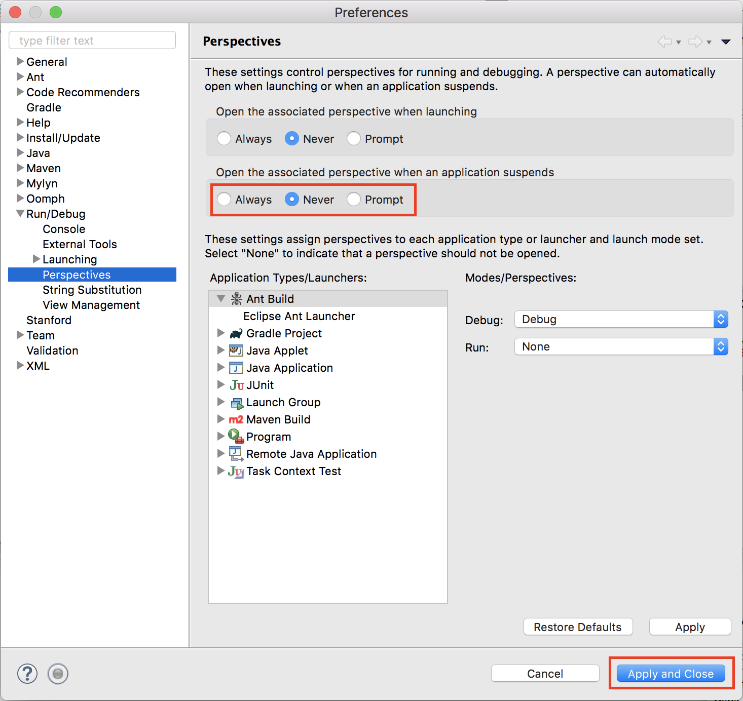 Eclipse Debugger Preferences dialog