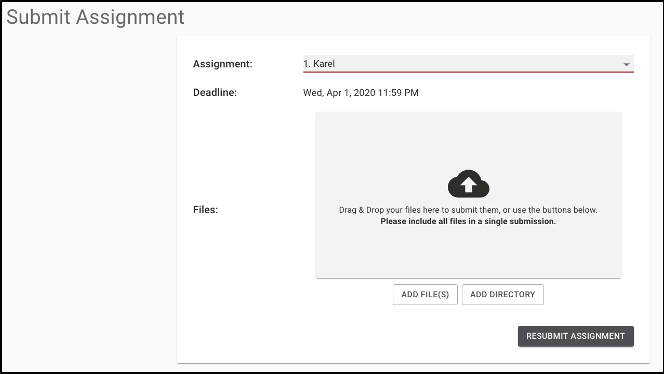 When you select an assignment from the dropdown menu, the page presents you with a file selection area. You can drag your files there or use the “Choose File” button