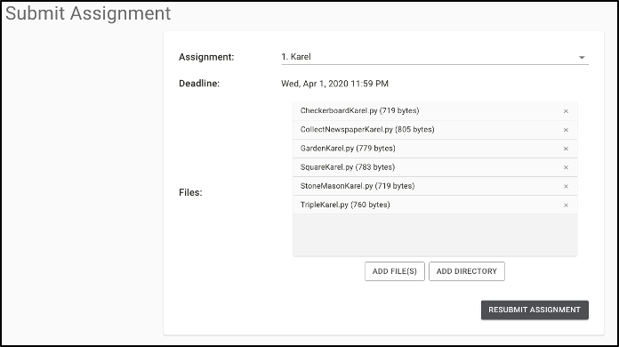 After uploading all of the appropriate files, the file selection box should list the name of every file you are submitting.