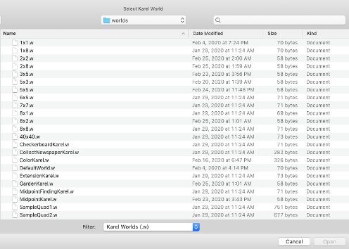 File browser window showing all the world files in the Assignment 1 worlds folder.