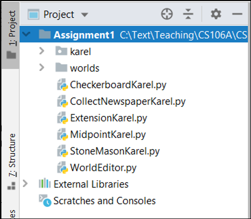 List of files for assignment one in Pycharm