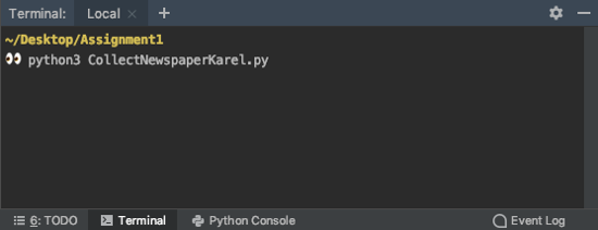 The PyCharm terminal with the correct command to run CollectNewspaperKarel