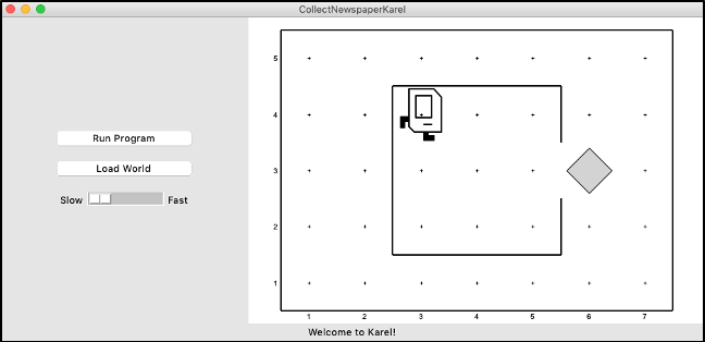 The Karel display that appears when running CollectNewspaperKarel.py, including Karel’s world, a Run Program button, and a Load World button