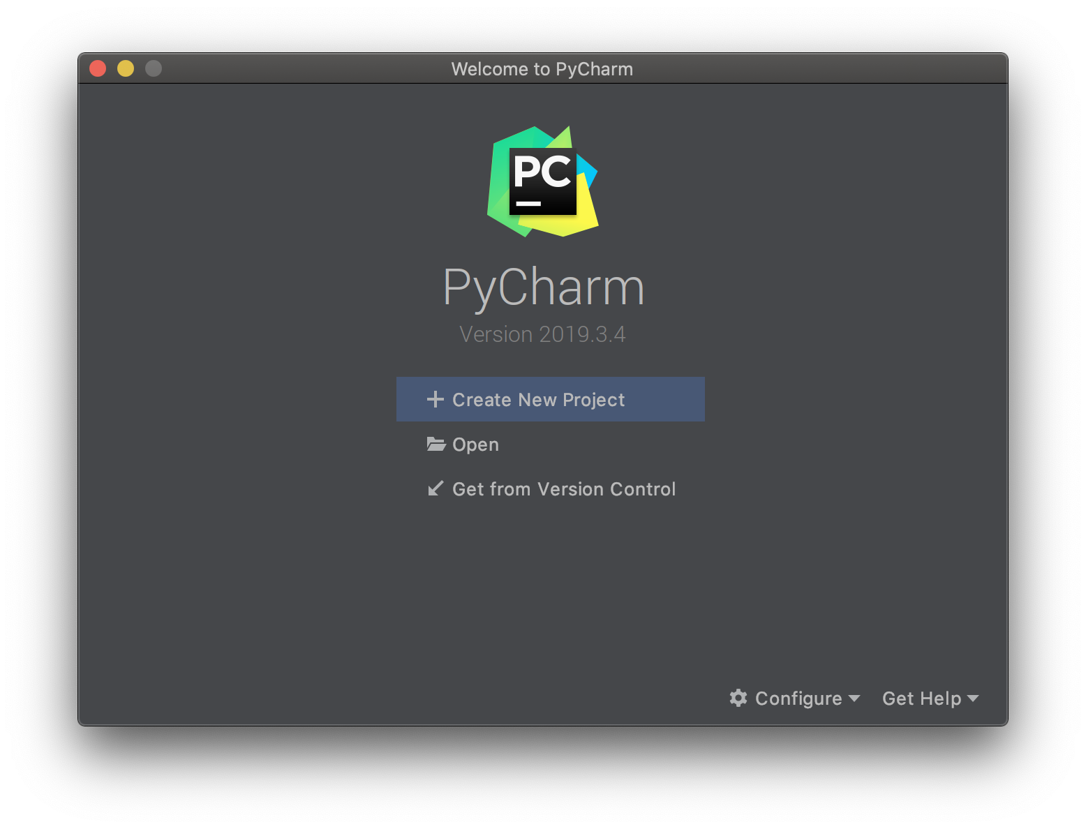 PyCharm Welcome Screen