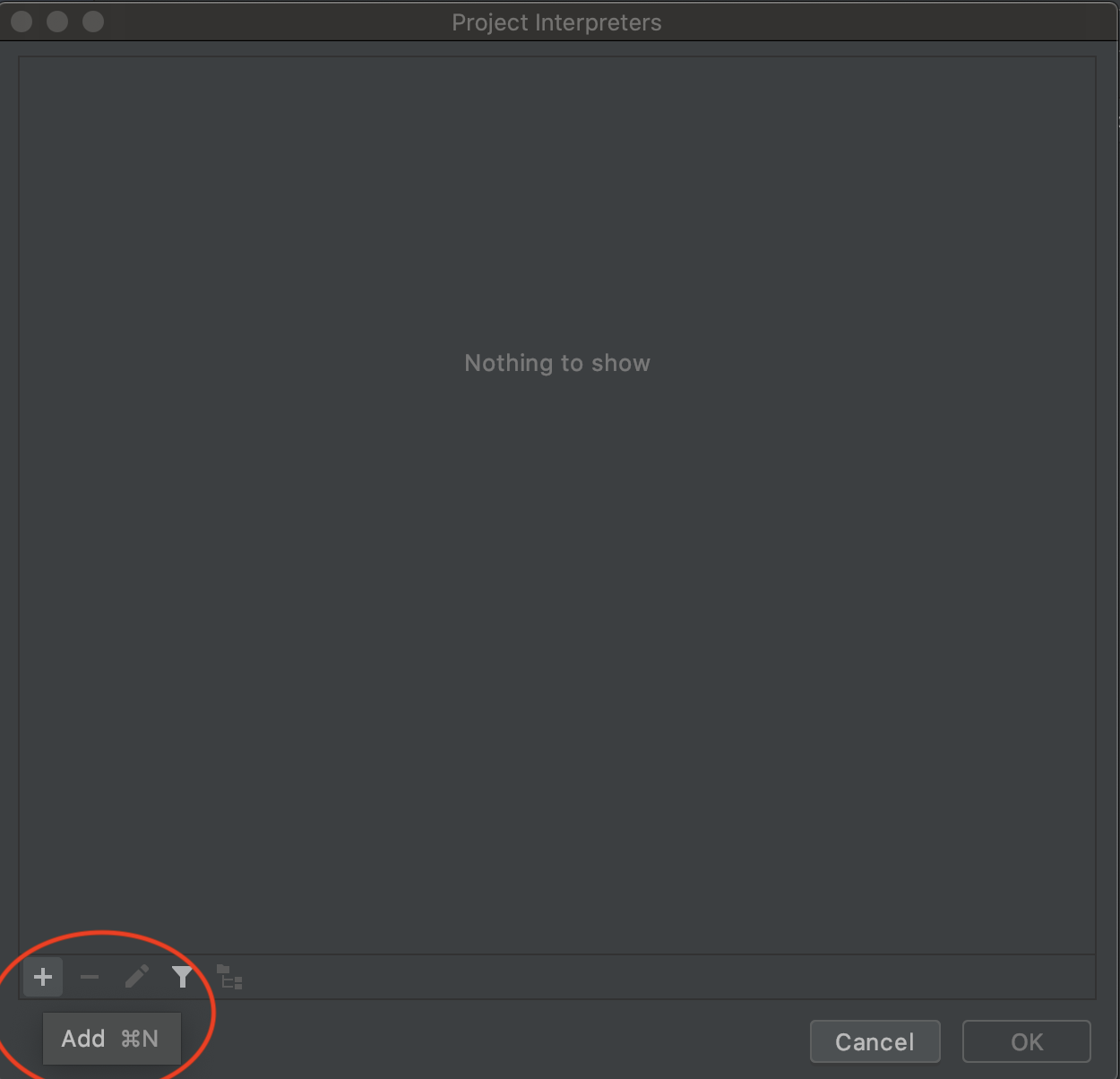 PyCharm Interpreter List, with the plus button in the bottom left highlighted