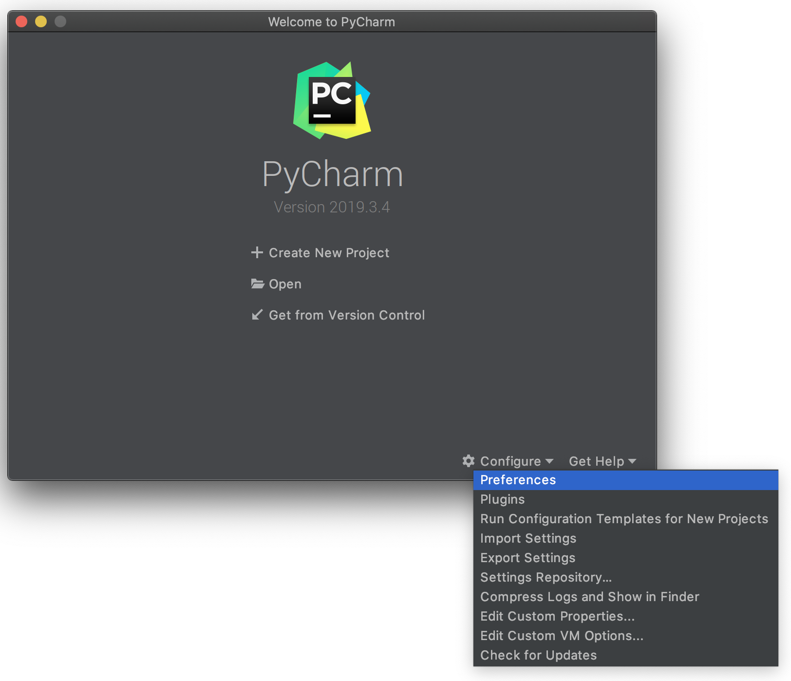 PyCharm Welcome Screen, with 'Configure->Preferences' highlighted
