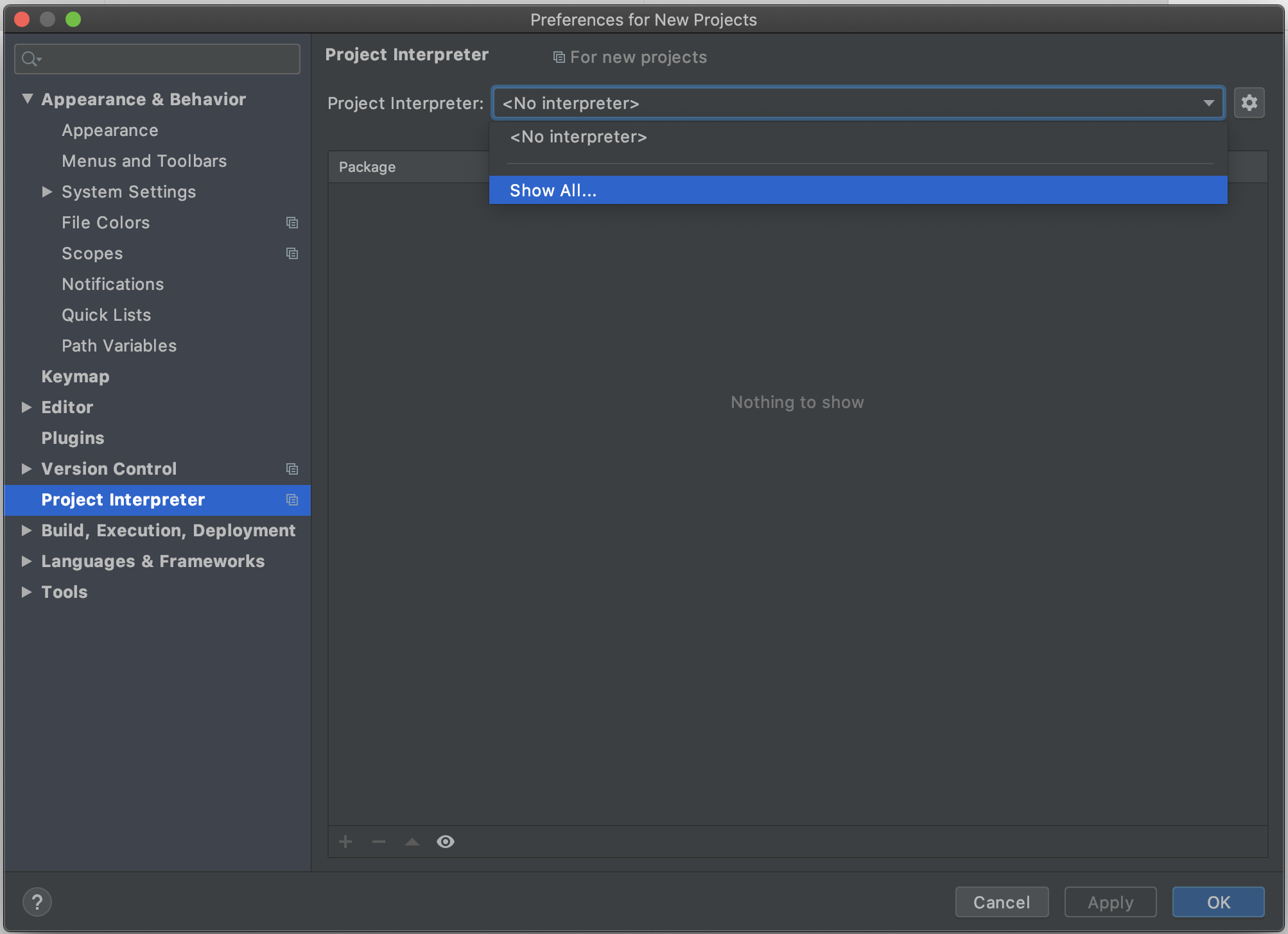 PyCharm Preferences Window, in the 'Project Interpreter' Pane, with
'Show All' highlighted in the dropdown
menu