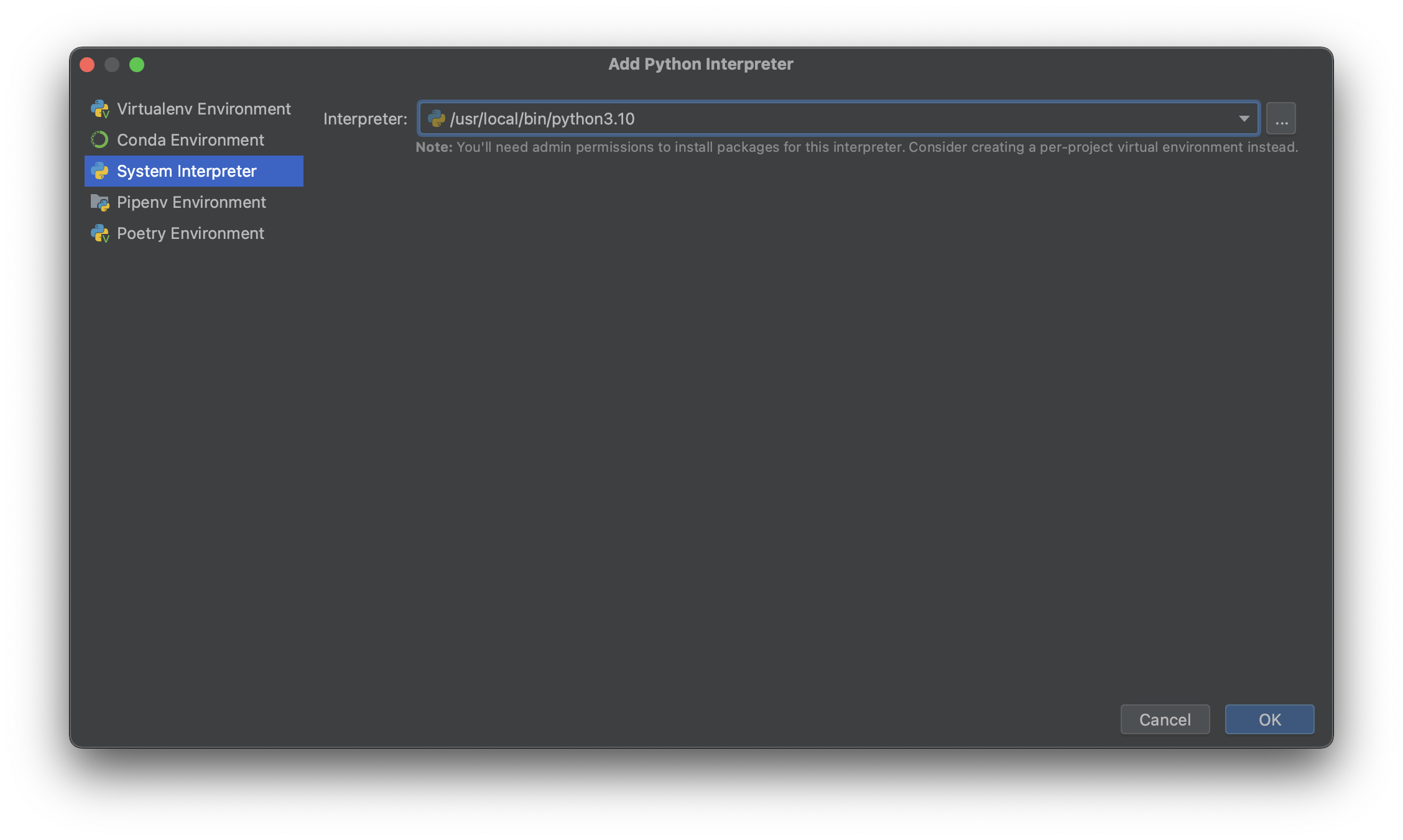 Adding the system interpreter in PyCharm